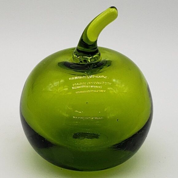 Vintage Viking Glass Solid Green Apple and Stem Blown Art Glass Paperweight - Picture 2 of 14